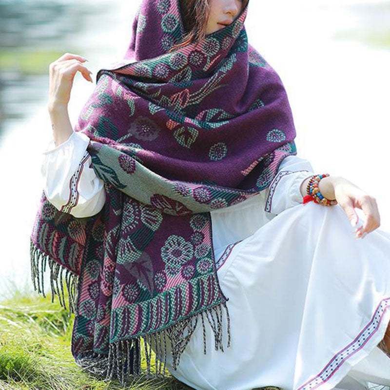 Tibetan Flower Floral Leaves Pattern Design Shawl Cozy Travel Scarf Wrap