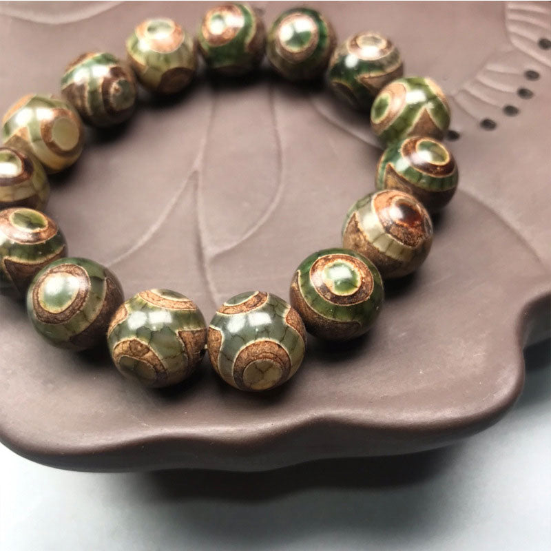 Handmade 14mm Sardonyx and Three-eyed Dzi Bead Meditation Bracelet