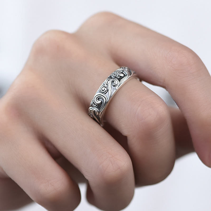 999 Sterling Silver Auspicious Clouds Engraved Blessing Adjustable Ring