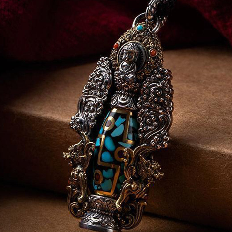 Tibetan Nine-Eye Dzi Bead Turquoise Buddha Wealth Rotation Necklace (Extra 30% Off | USE CODE: FS30)