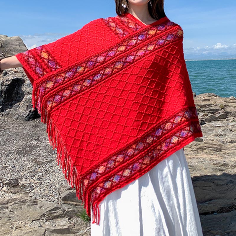 Tactile Knit Geometric Tassel Meditation Shawl Pullover