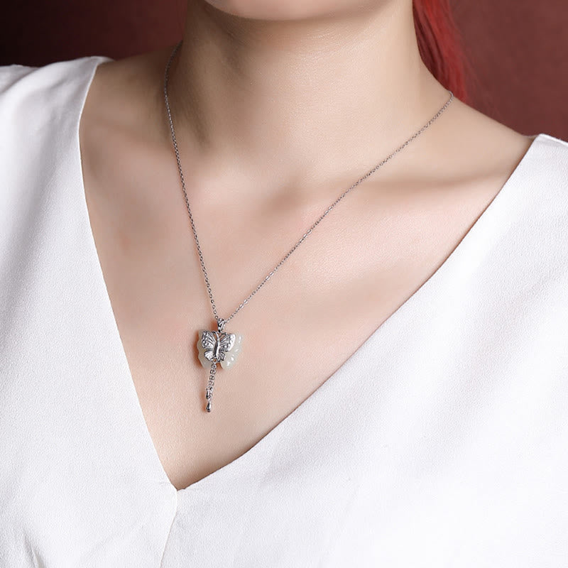 925 Sterling Silver Plated Gold Hetian White Jade Butterfly Blessing Necklace Pendant