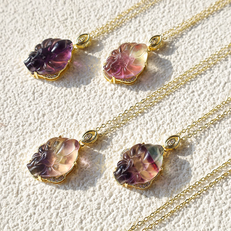 Natural Colorful Fluorite Hand-Carved Nine-Tailed Fox Pendant Necklace