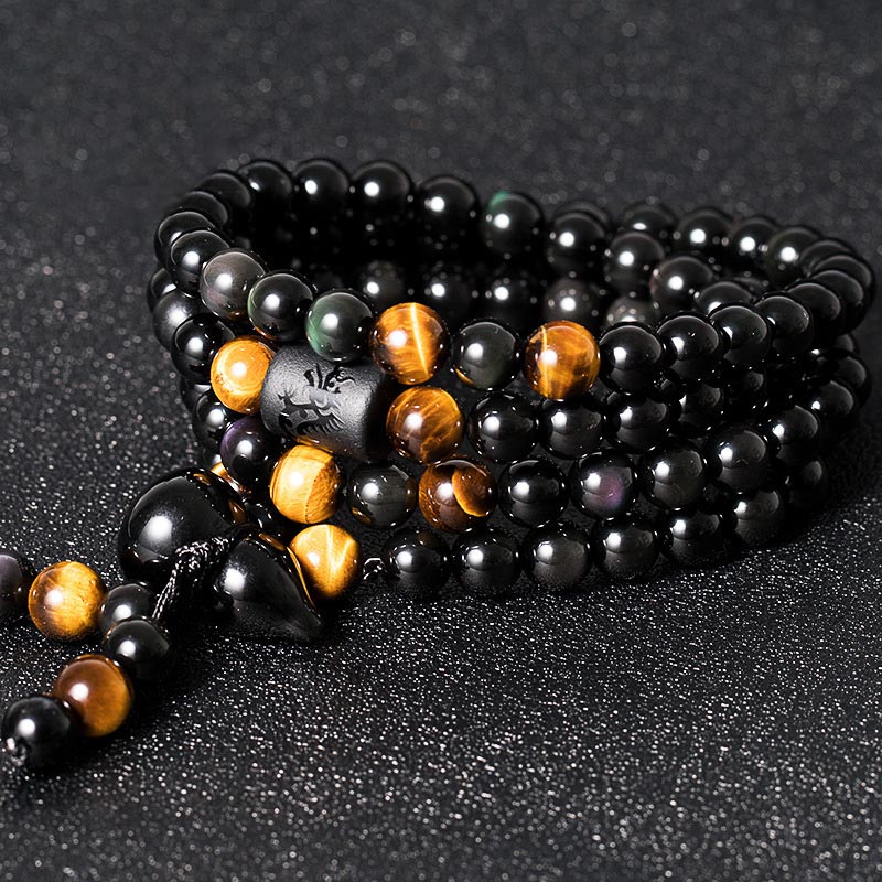 Natural Black Obsidian Rainbow Obsidian Gourd Blessing Bracelet Mala