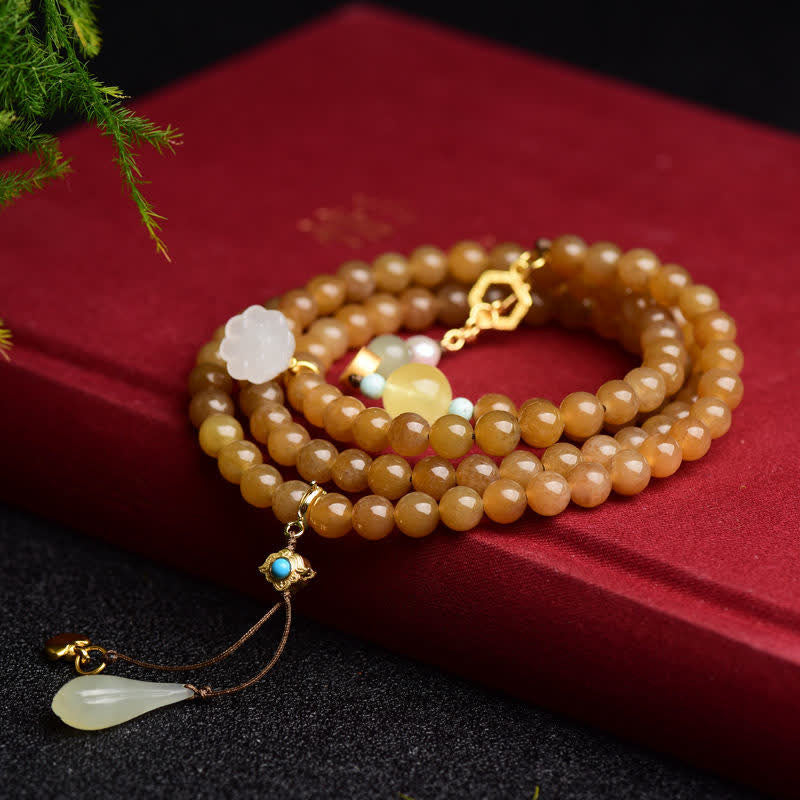 Natural Hetian & White Jade, Amber, Turquoise, Pearl & Topaz Lotus Beaded Bracelet