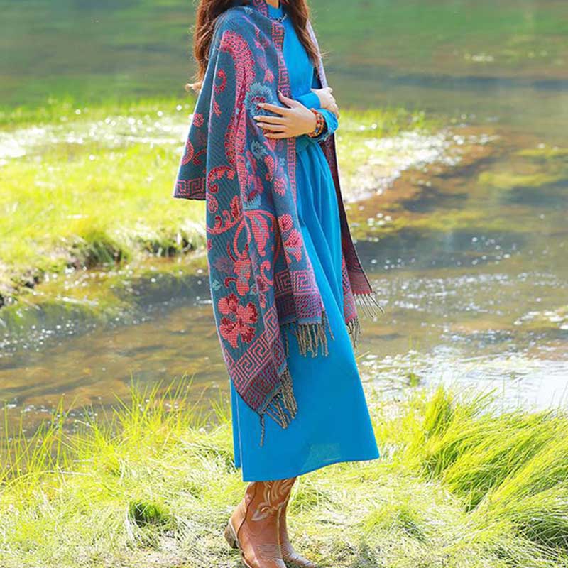 Tibetan Flowers Leaves Pattern Design Shawl Cozy Travel Scarf Wrap