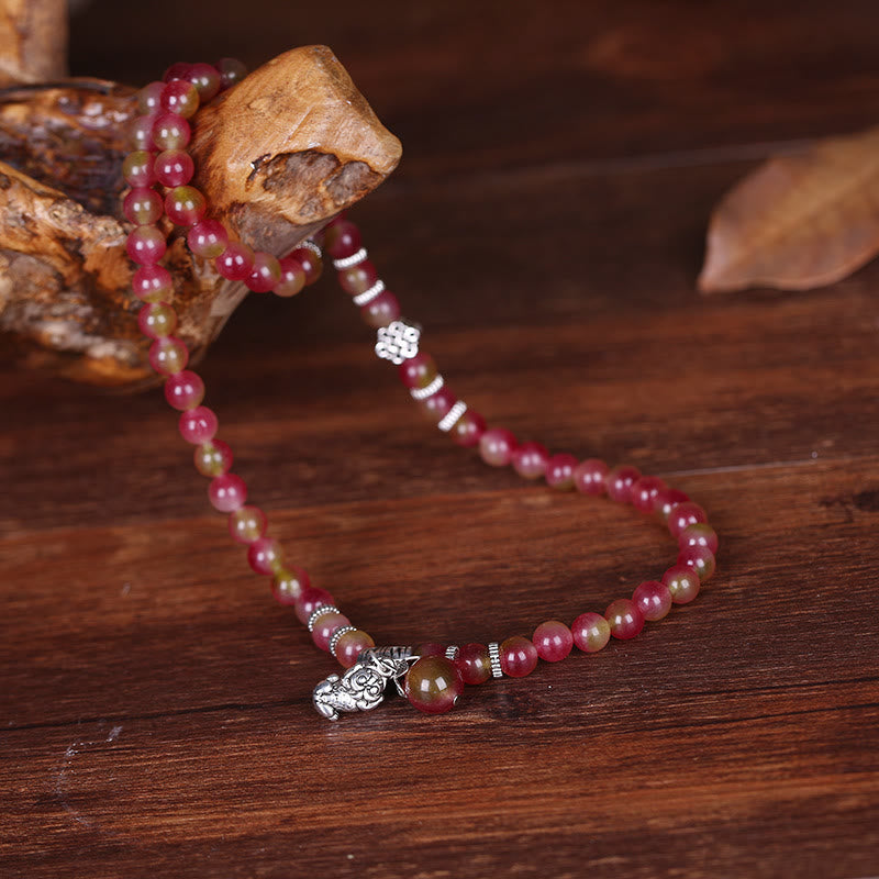 Natural Watermelon Tourmaline PiXiu Elephant Positive Triple Wrap Bracelet