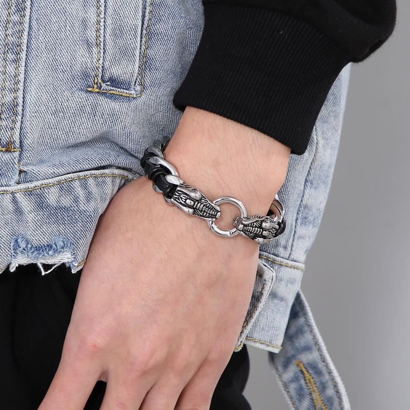 Masculine Dragon Braided Leather and Titanium Steel Bracelet