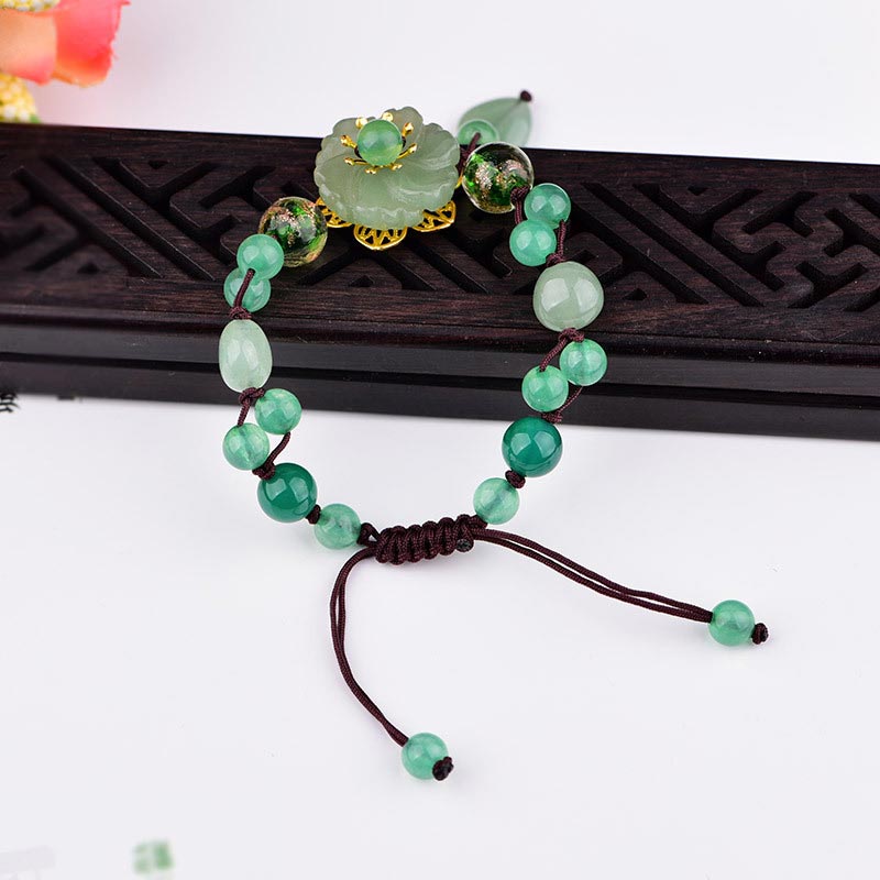 Natural Cyan Jade, Green Aventurine & Agate Dangling Flower Beaded Bracelet