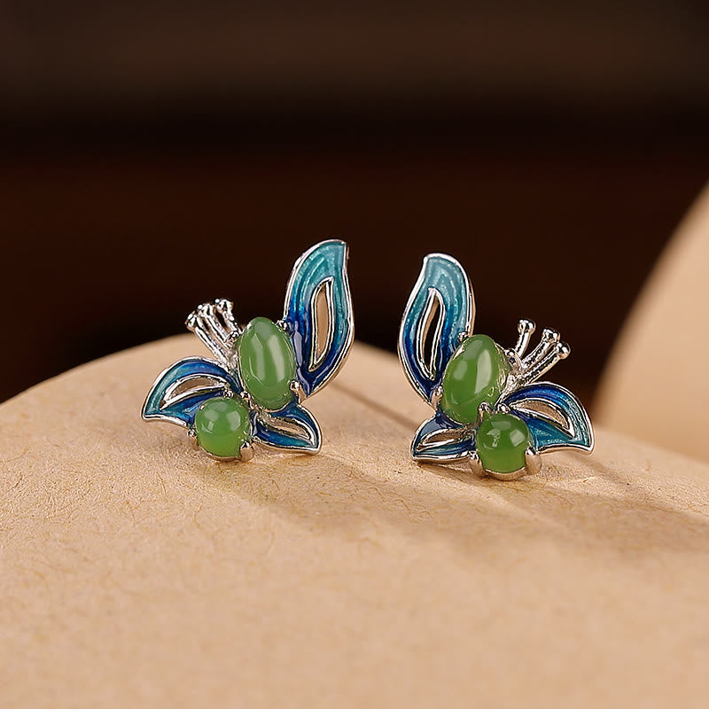 925 Sterling Silver Plated Gold Natural Cyan Jade Butterfly Luck Healing Earrings