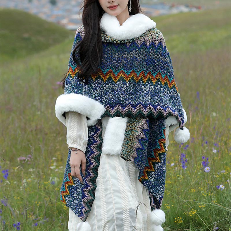 Tibetan Multicolored Wavy Lines Knitted Striped Shawl Coat Winter Cozy Travel Scarf Wrap
