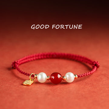 925 Sterling Silver Fu Prosperity Charm Agate Pearl Red String Braided Bracelet