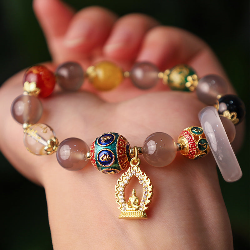 Natural Gray Agate Five Directions Gods of Wealth Om Mani Padme Hum Buddha Charm Bracelet
