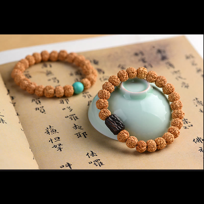 Tibetan Rudraksha & Bodhi Seed Bracelet with Hetian Jade and Gold Sheen Obsidian