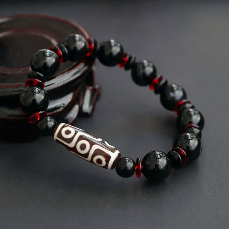 Black Onyx Nine-Eye Dzi Bead Wealth Protection Bracelet