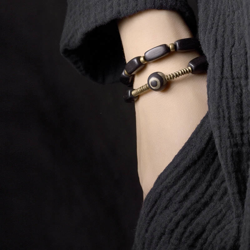 Tibet Ebony Wood Dzi Bead Copper Balance Double Wrap Bracelet