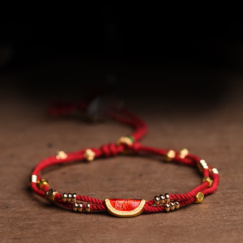 Handmade Braided Red String Bracelet with Cinnabar Dumpling Beads & Endless Knot