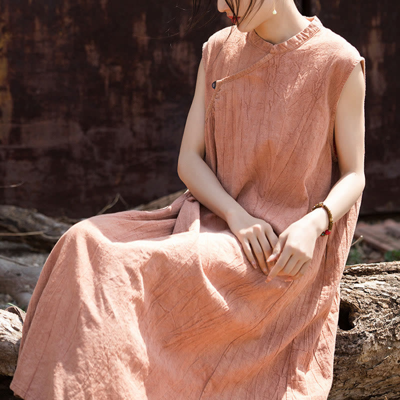 Handmade Tie Dye Midi Dress Linen Sleeveless Dress