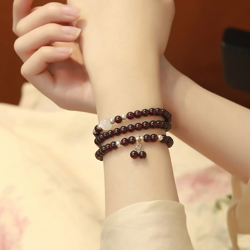 925 Sterling Silver Natural Garnet Cat Eye Protection Triple Wrap Bracelet