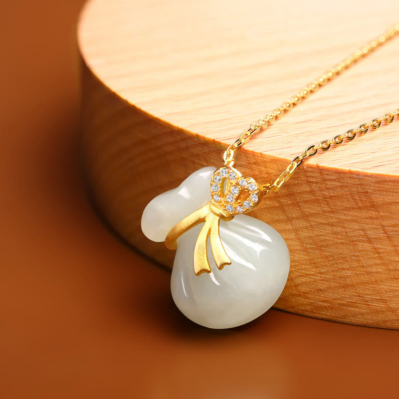 Natural Hetian White Jade Luck Money Bag Necklace Pendant