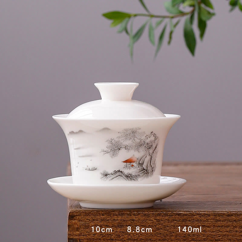 White Porcelain Mountain Landscape Countryside Ceramic Gaiwan Teacup Kung Fu Tea Cup And Saucer With Lid