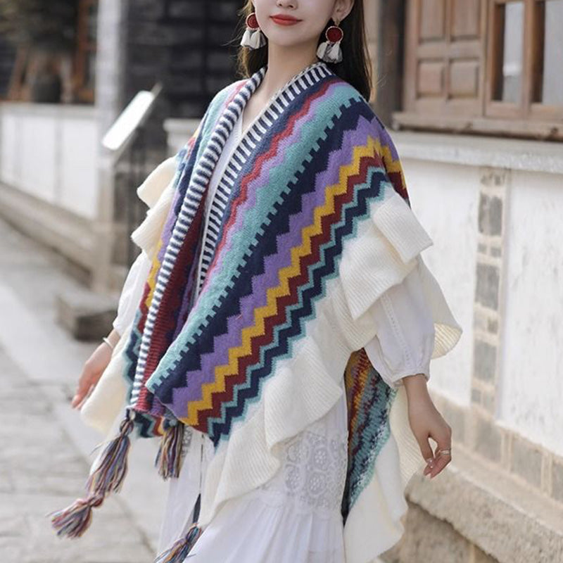 Tibetan Shawl Colorful Striped Wavy Line Tassels Winter Cozy Travel Scarf Wrap