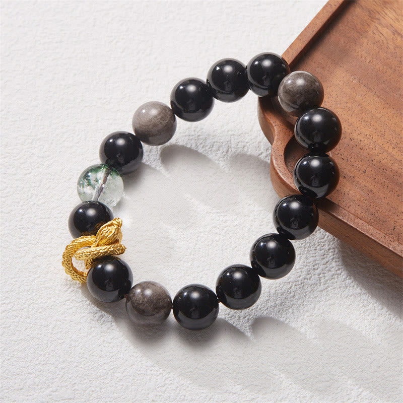 Natural Silver Sheen Obsidian Dragon Green Phantom Protection Bracelet