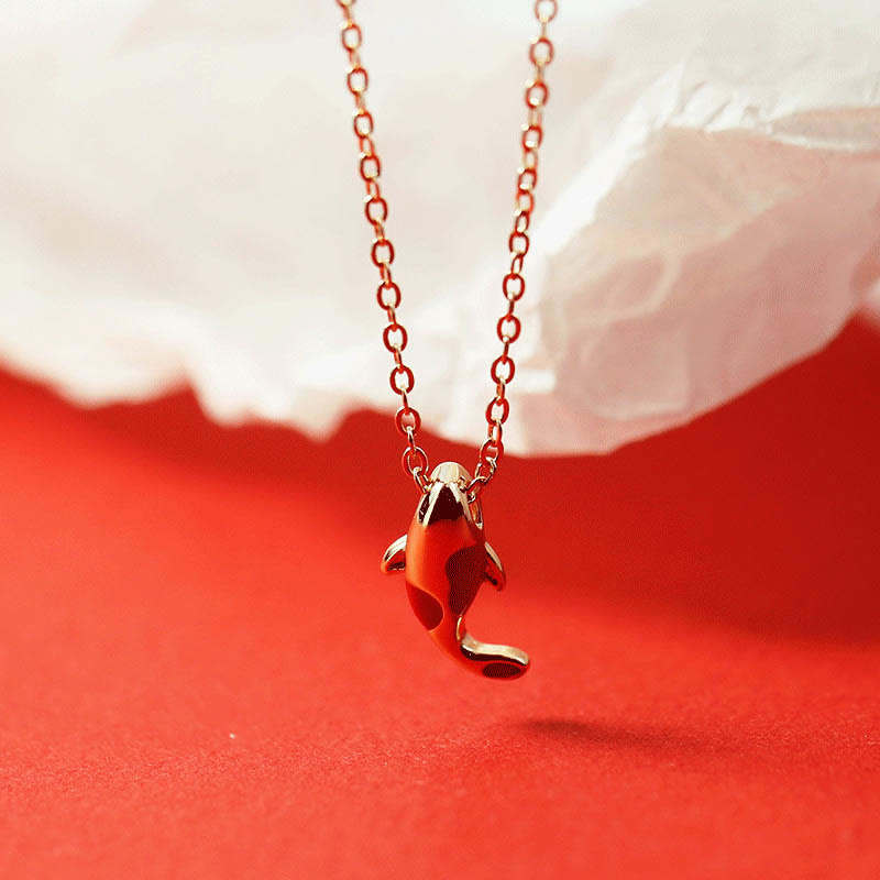 Copper Koi Fish Wealth Necklace Pendant Red Rope Bracelet Earrings Set
