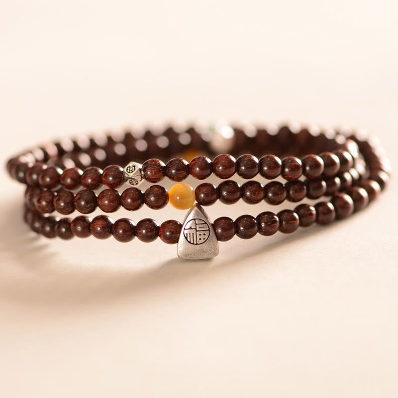 925 Sterling Silver Indian Small Leaf Red Sandalwood Fu Character Protection Triple Wrap Bracelet