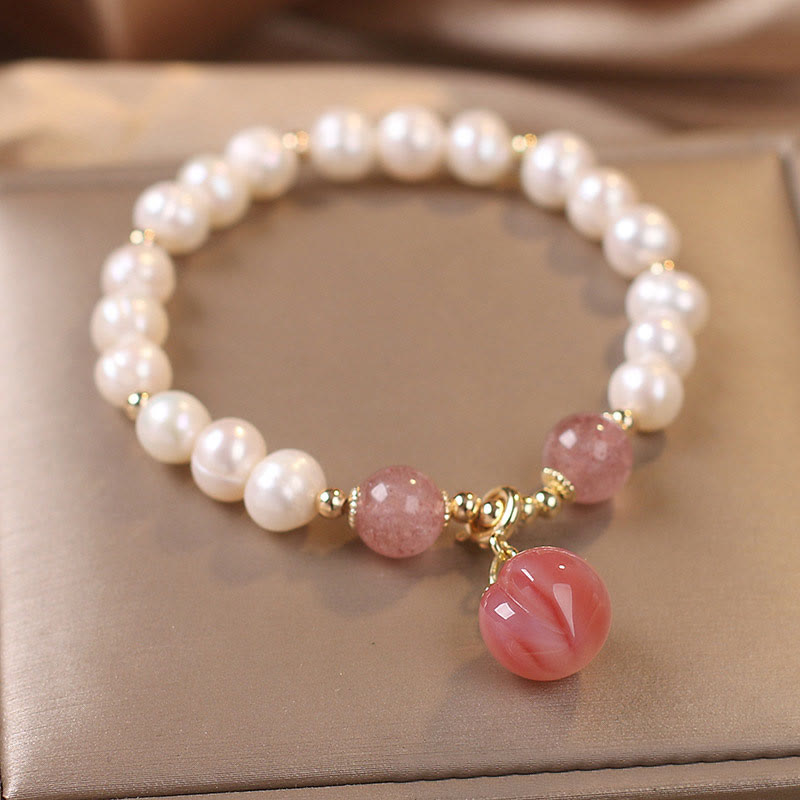 Natural Strawberry Quartz & Pearl Peach Heart Charm Beaded Bracelet