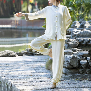 2Pcs Frog-Button Long Sleeve Shirt Top Pants Meditation Zen Tai Chi Cotton Linen Clothing Women's Set