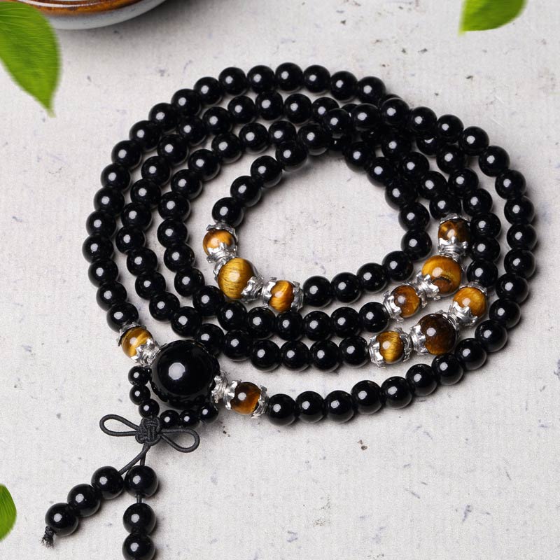 108 Beads Natural Black Obsidian Tiger Eye Mala Bracelet