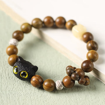 Hand-Carved Green Sandalwood & Ebony Wood Feline Bodhi Seed Beaded Bracelet