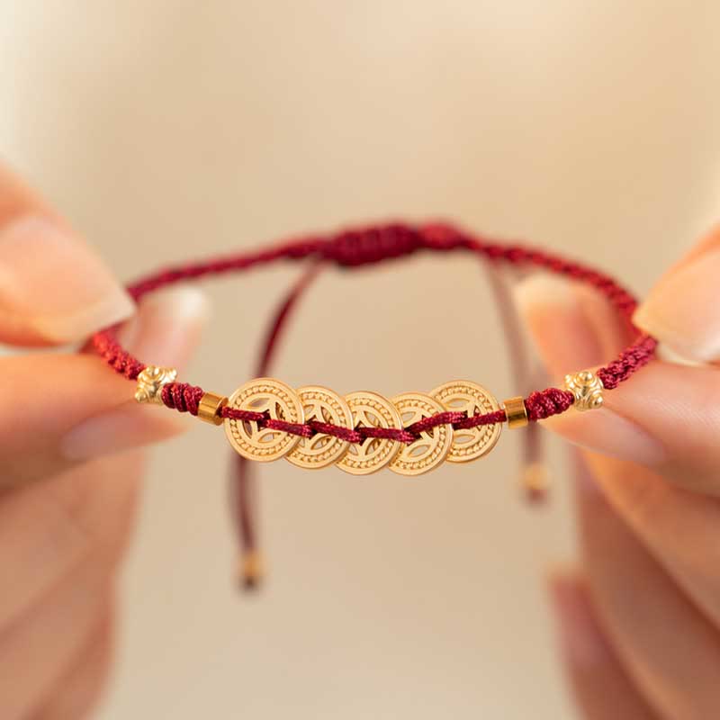 Hand-Braided Copper Tree of Life & Chinese Coin Red String Bracelet