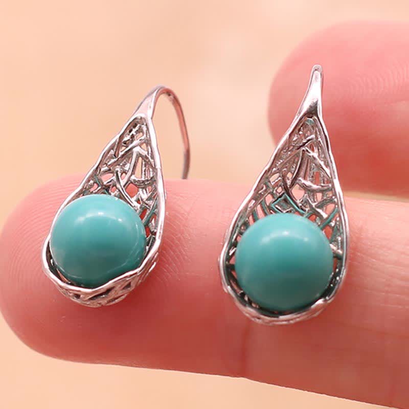 925 Sterling Silver Turquoise Patterned Beaded Drop Dangle Earrings