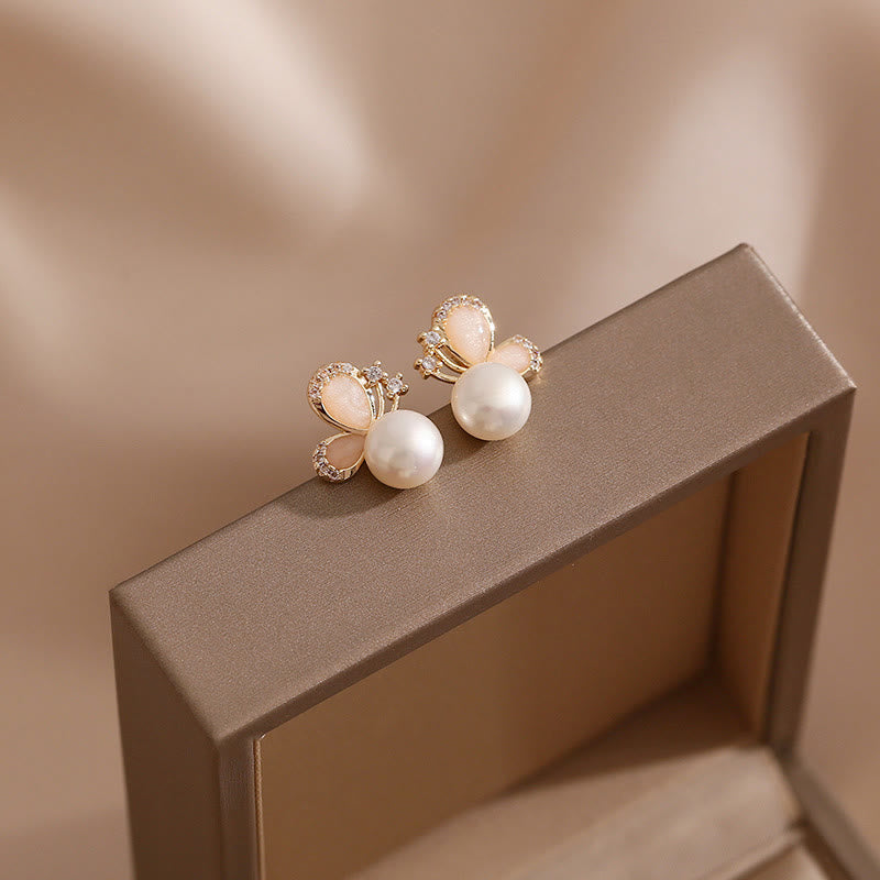 18k Gold Plated Natural Pearl Butterfly Stud Earrings
