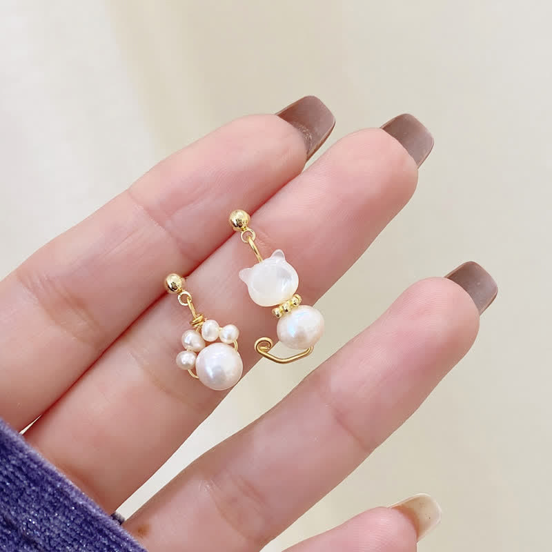 Cute Cat Paw Pearl Wisdom Stud Drop Earrings