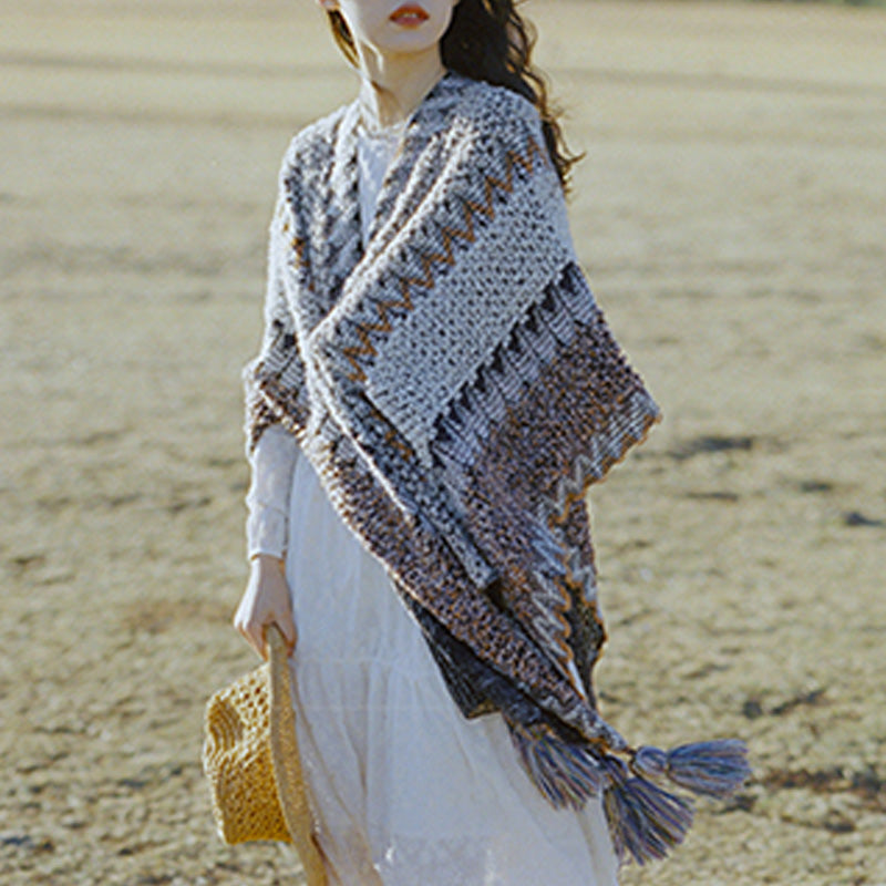 Tibetan Shawl Gray Brown Striped Knitted Tassels Winter Cozy Travel Scarf Wrap