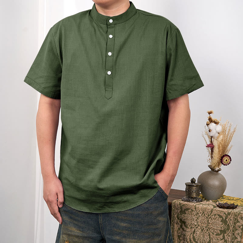Cotton Linen Stand Collar Short Sleeve Meditation Shirt