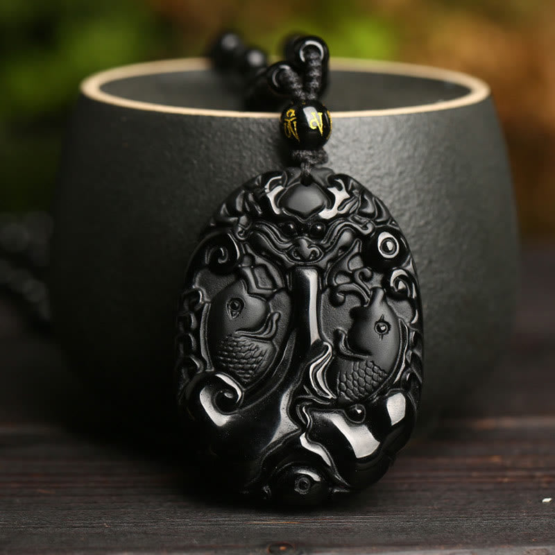 Black Obsidian Koi Fish Bead Rope Fulfilment Strength Necklace Pendant