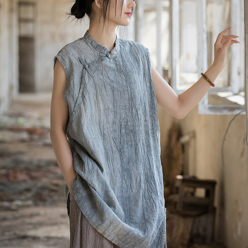 Handmade Tie Dye Ramie Linen Frog-Button Sleeveless Vest