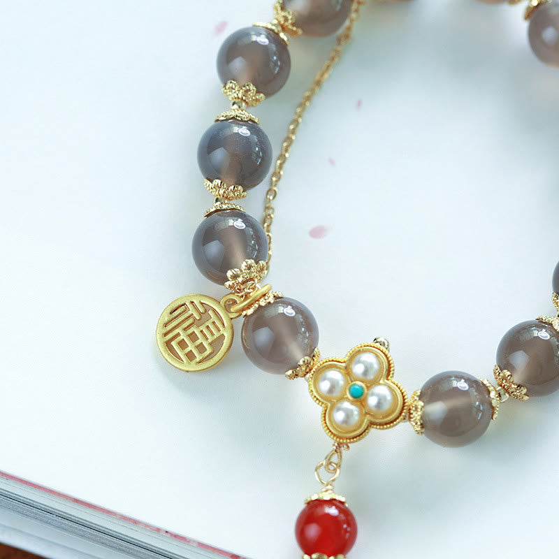 Natural Gray Agate and Pearl Beaded Bracelet with Fu Symbol Tassel
