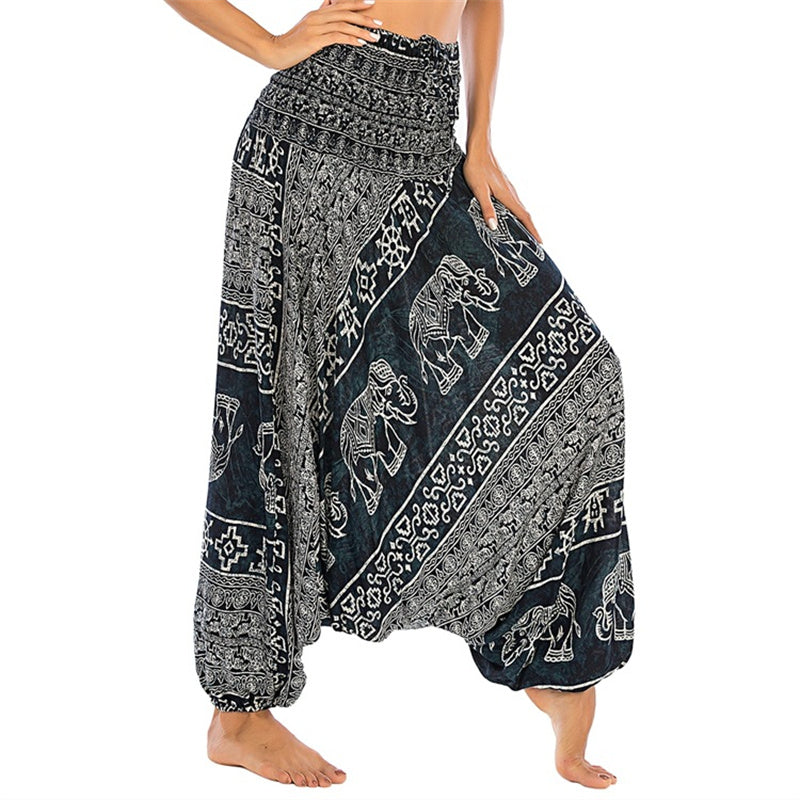Two Style Wear Elephant Pattern Loose Smocked Harem Trousers Jumpsuit Women's Yoga Pants