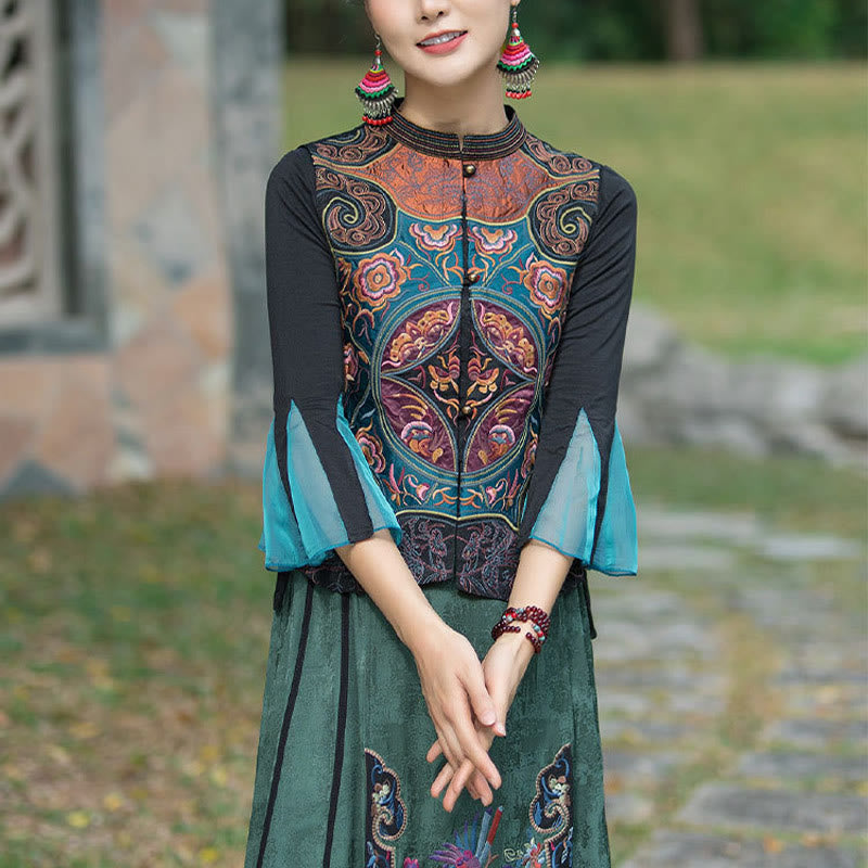 Vintage Style Embroidery Flower Tang Suit Design Sleeveless Vest