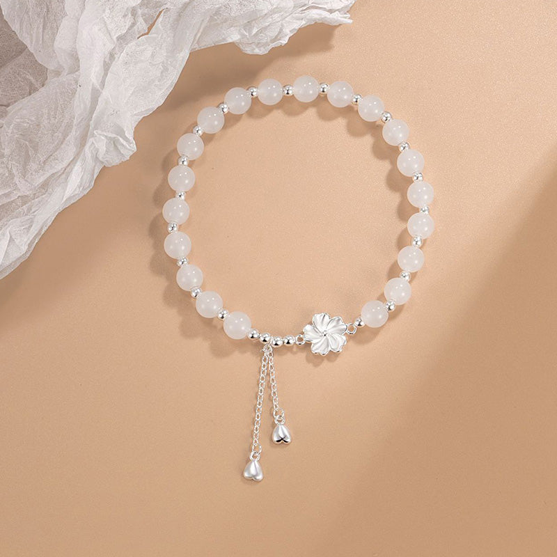 White Jade Peach Blossom Petals Flower Luck Bracelet