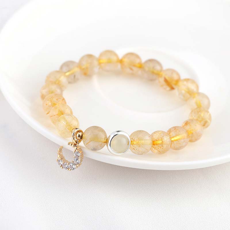 Radiant Citrine Gemstone Beaded Bracelet with Moon Charm