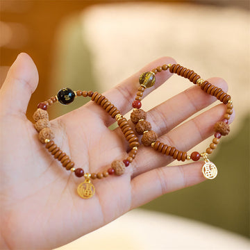 Tibetan Bodhi Seed Om Mani Fu Gold Copper Gemstone Bracelet with Red Agate & Olive Wood