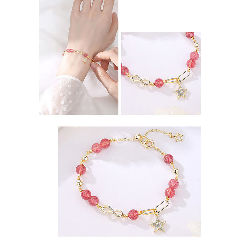 14K Gold Plated Möbius Loop Star Natural Moonstone or Strawberry Quartz Bracelet