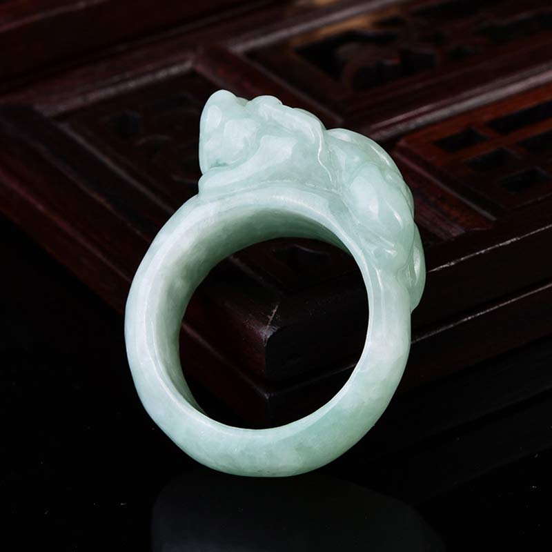 Hand-Carved Natural Green Jade Pixiu Artisan Band Ring