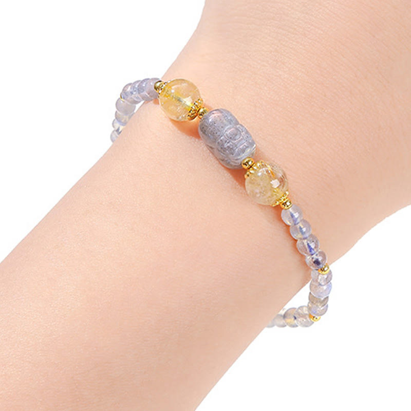 Moonstone Strawberry Quartz Tourmaline PiXiu Healing Bracelet